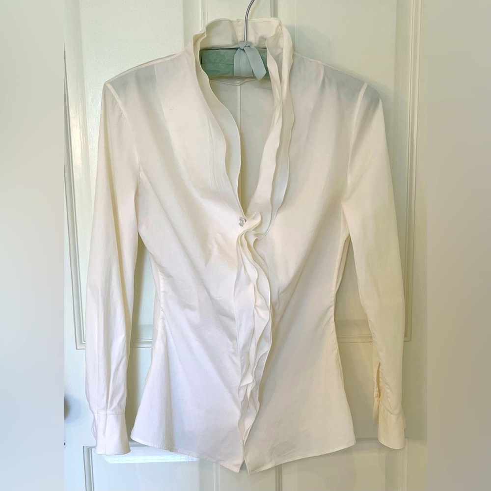 Jil Sander fitted white cotton ruffle blouse. Like new. Sz 36